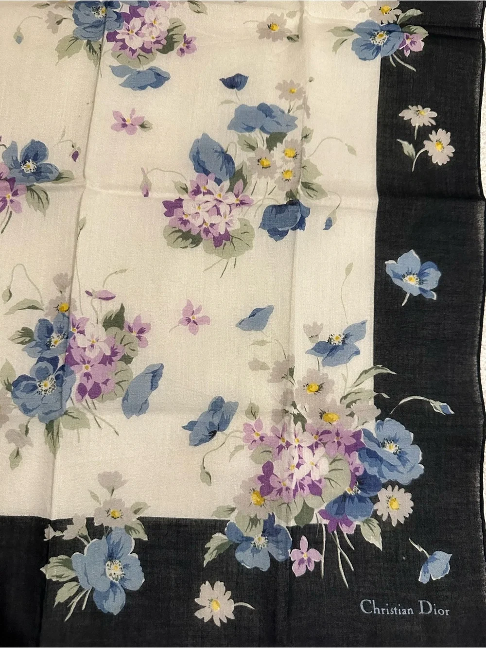Vintage Christian Dior Floral Cotton Square Scarf Black Border 16.5” EUC
